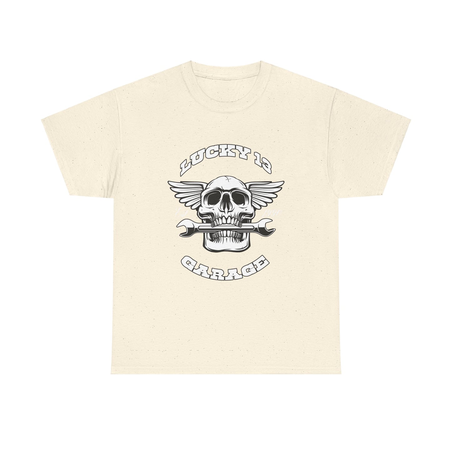 Lucky 13 Garage Graphic Tee | Gildan® 5000 Heavy Cotton™ - Edgy Style, Comfortable Fit for Bikers