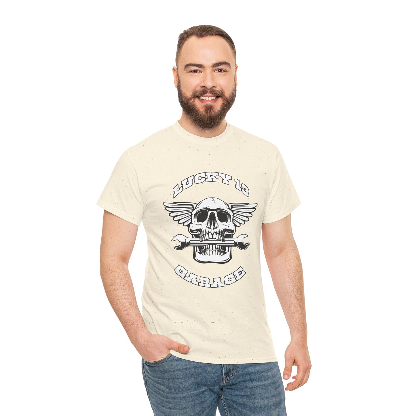Lucky 13 Garage Graphic Tee | Gildan® 5000 Heavy Cotton™ - Edgy Style, Comfortable Fit for Bikers