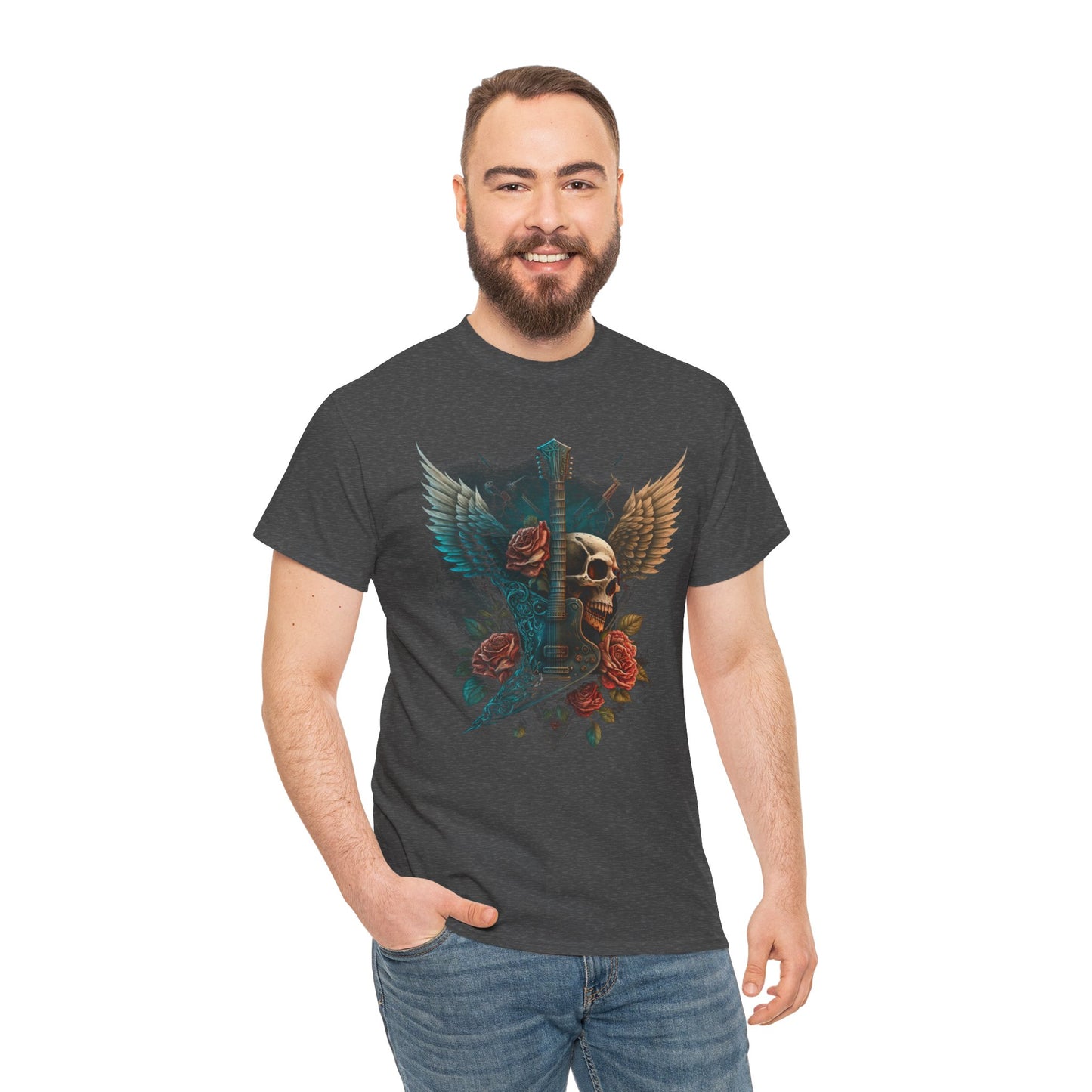 Classic Fit T-Shirt with Heavy Guitar Skull Design - Comfortable Midweight Fabric