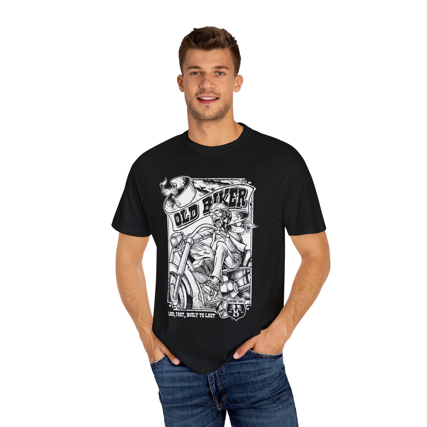 Old Biker, Loud & Fast T-Shirt - Classic Fit with Rib Collar, Gildan® 5000 Quality