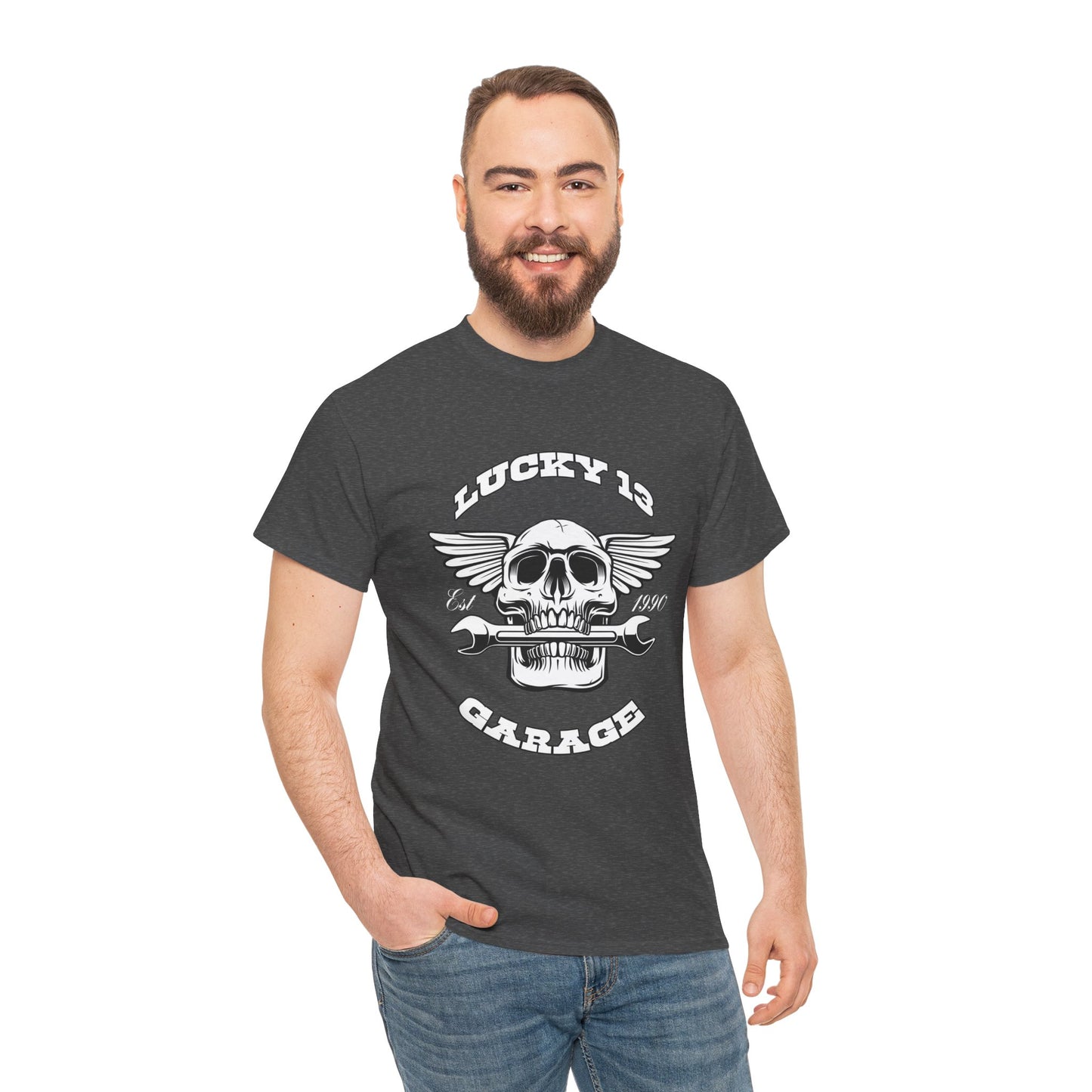 Lucky 13 Garage Graphic Tee | Gildan® 5000 Heavy Cotton™ - Edgy Style, Comfortable Fit for Bikers
