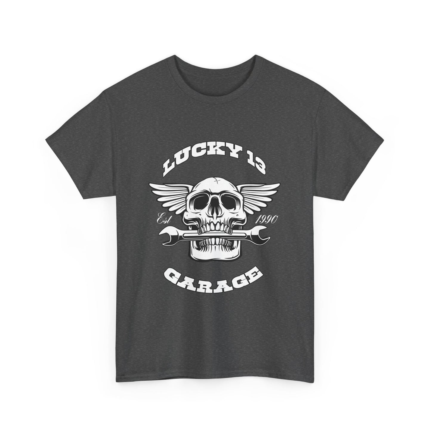 Lucky 13 Garage Graphic Tee | Gildan® 5000 Heavy Cotton™ - Edgy Style, Comfortable Fit for Bikers