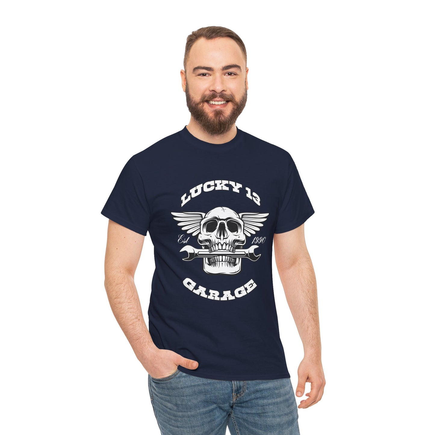 Lucky 13 Garage Graphic Tee | Gildan® 5000 Heavy Cotton™ - Edgy Style, Comfortable Fit for Bikers