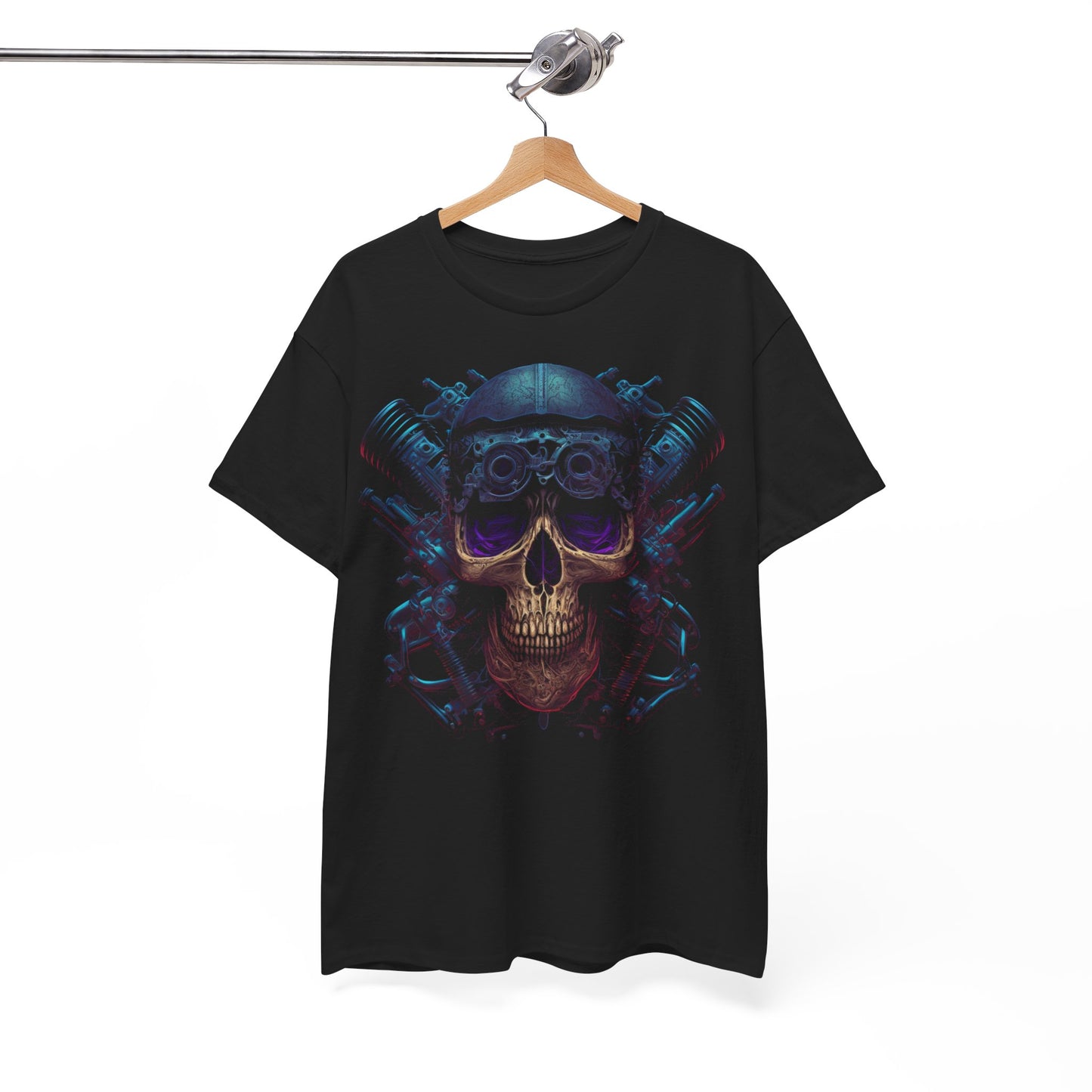 Classic Ribbed Collar Skull V-Twin Engine Biker Art Tee