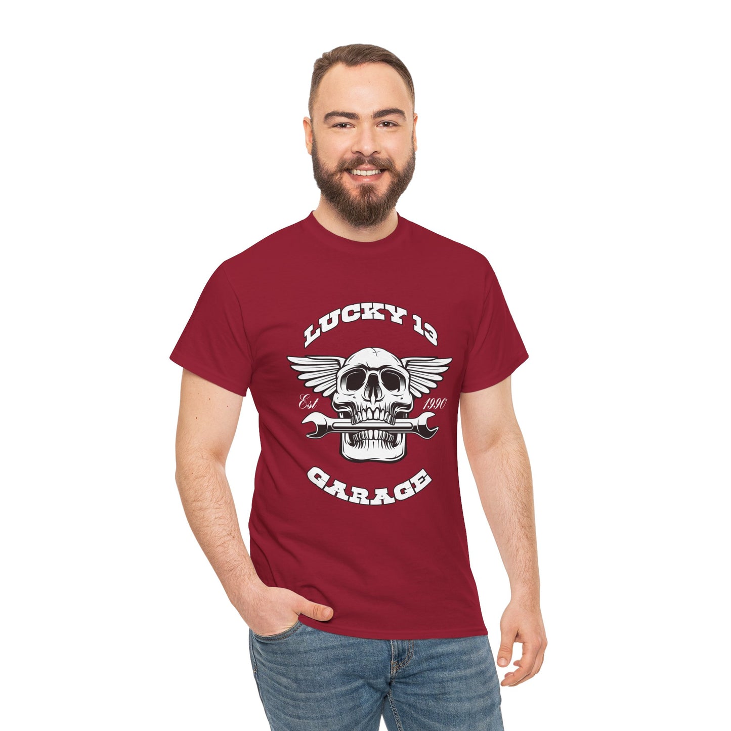 Lucky 13 Garage Graphic Tee | Gildan® 5000 Heavy Cotton™ - Edgy Style, Comfortable Fit for Bikers