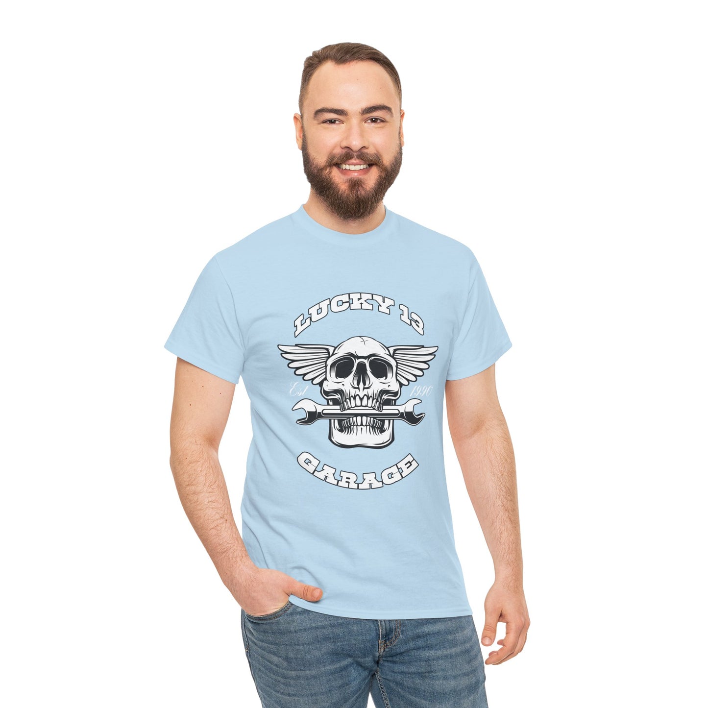 Lucky 13 Garage Graphic Tee | Gildan® 5000 Heavy Cotton™ - Edgy Style, Comfortable Fit for Bikers