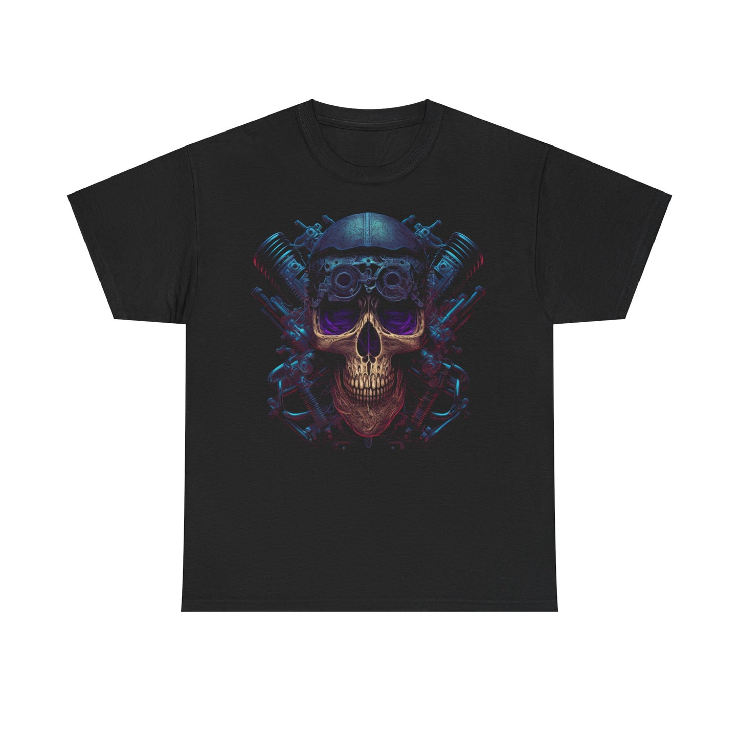 Classic Ribbed Collar Skull V-Twin Engine Biker Art Tee