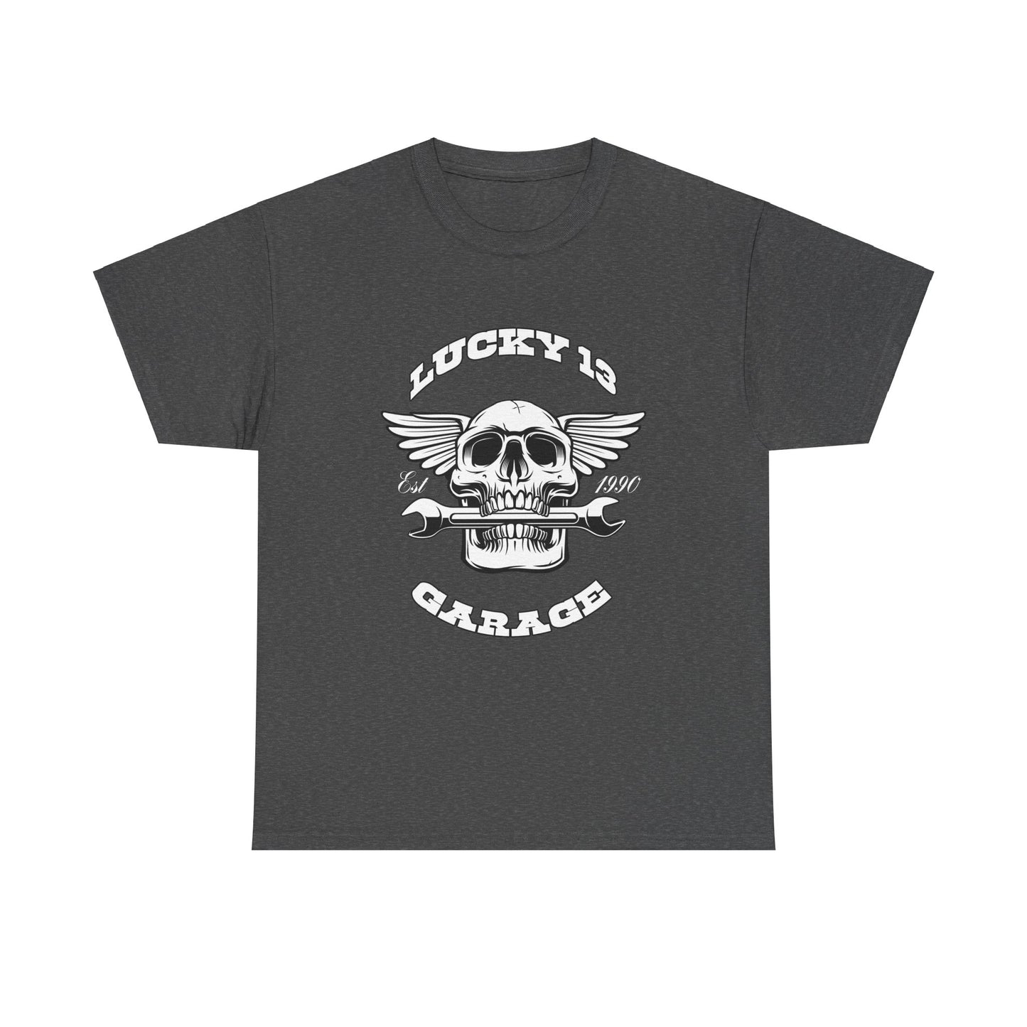 Lucky 13 Garage Graphic Tee | Gildan® 5000 Heavy Cotton™ - Edgy Style, Comfortable Fit for Bikers