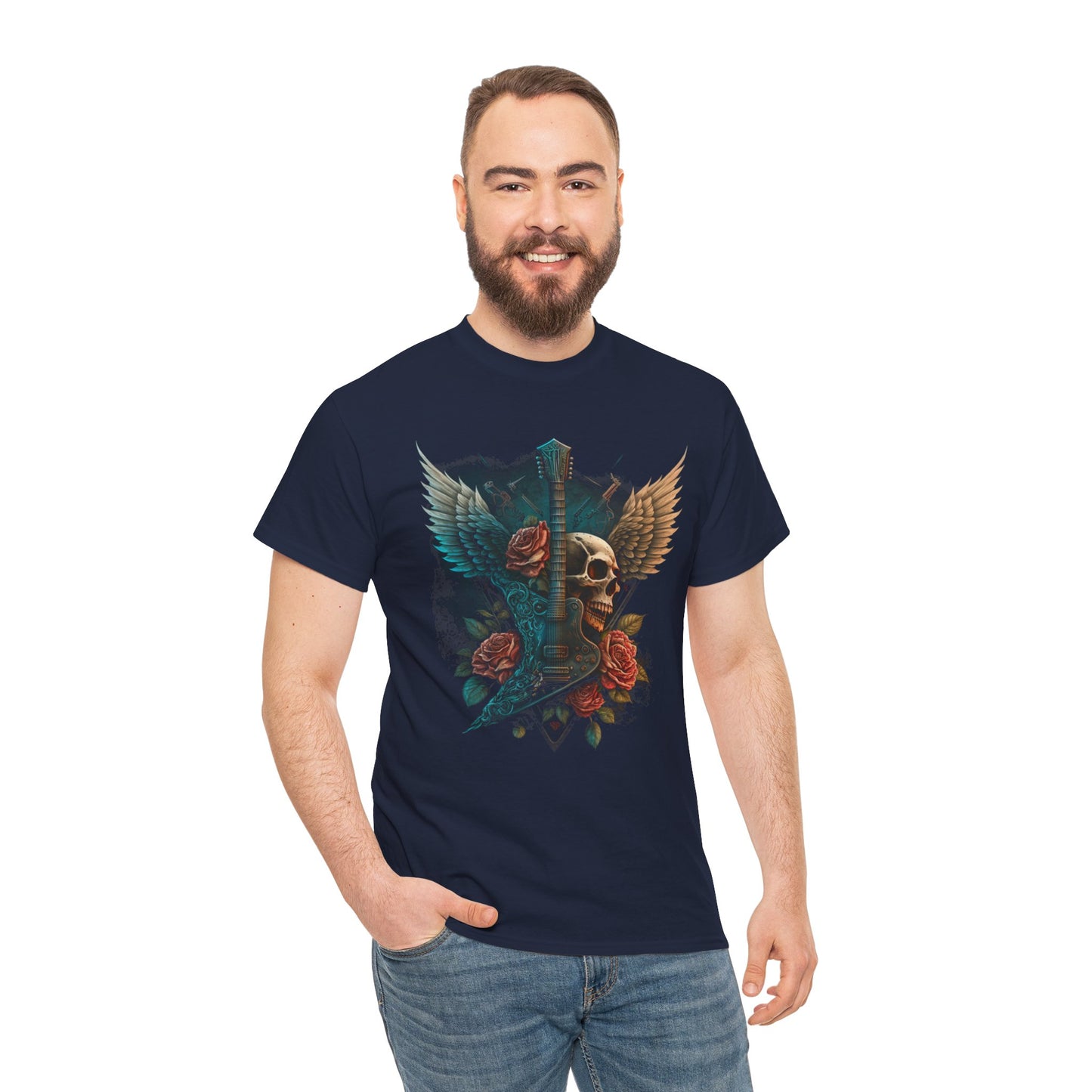 Classic Fit T-Shirt with Heavy Guitar Skull Design - Comfortable Midweight Fabric