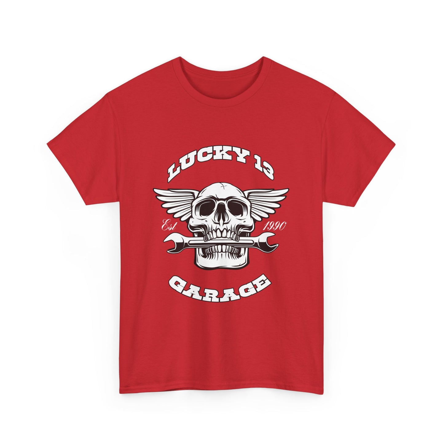 Lucky 13 Garage Graphic Tee | Gildan® 5000 Heavy Cotton™ - Edgy Style, Comfortable Fit for Bikers