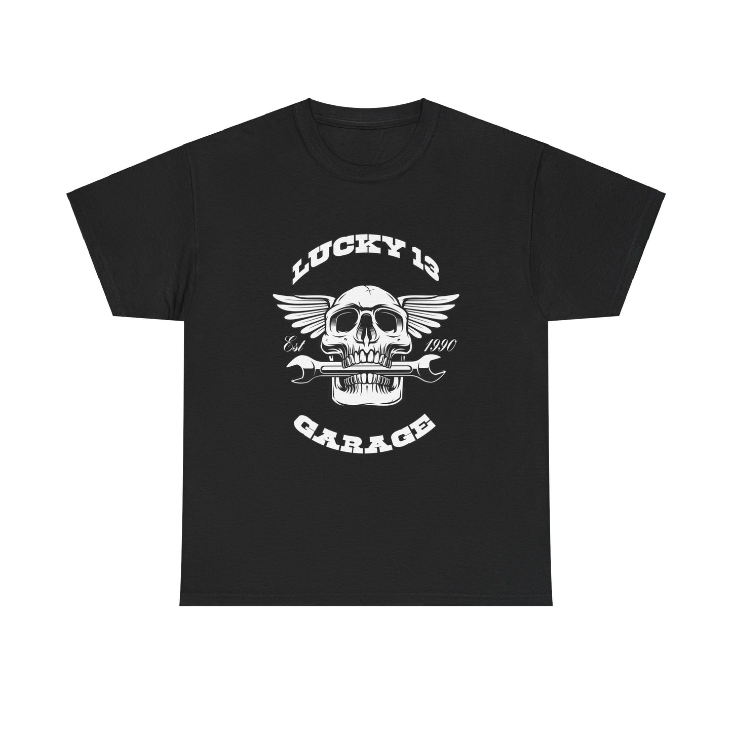 Lucky 13 Garage Graphic Tee | Gildan® 5000 Heavy Cotton™ - Edgy Style, Comfortable Fit for Bikers