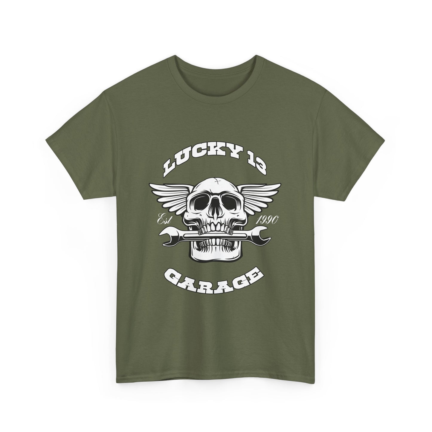 Lucky 13 Garage Graphic Tee | Gildan® 5000 Heavy Cotton™ - Edgy Style, Comfortable Fit for Bikers
