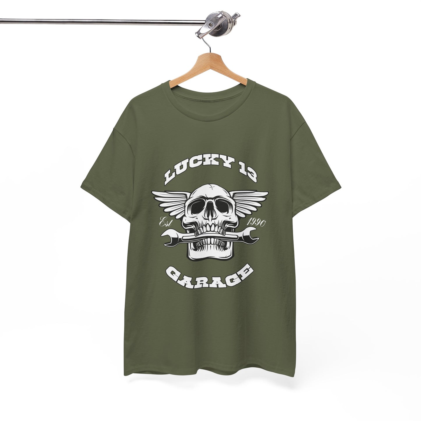 Lucky 13 Garage Graphic Tee | Gildan® 5000 Heavy Cotton™ - Edgy Style, Comfortable Fit for Bikers