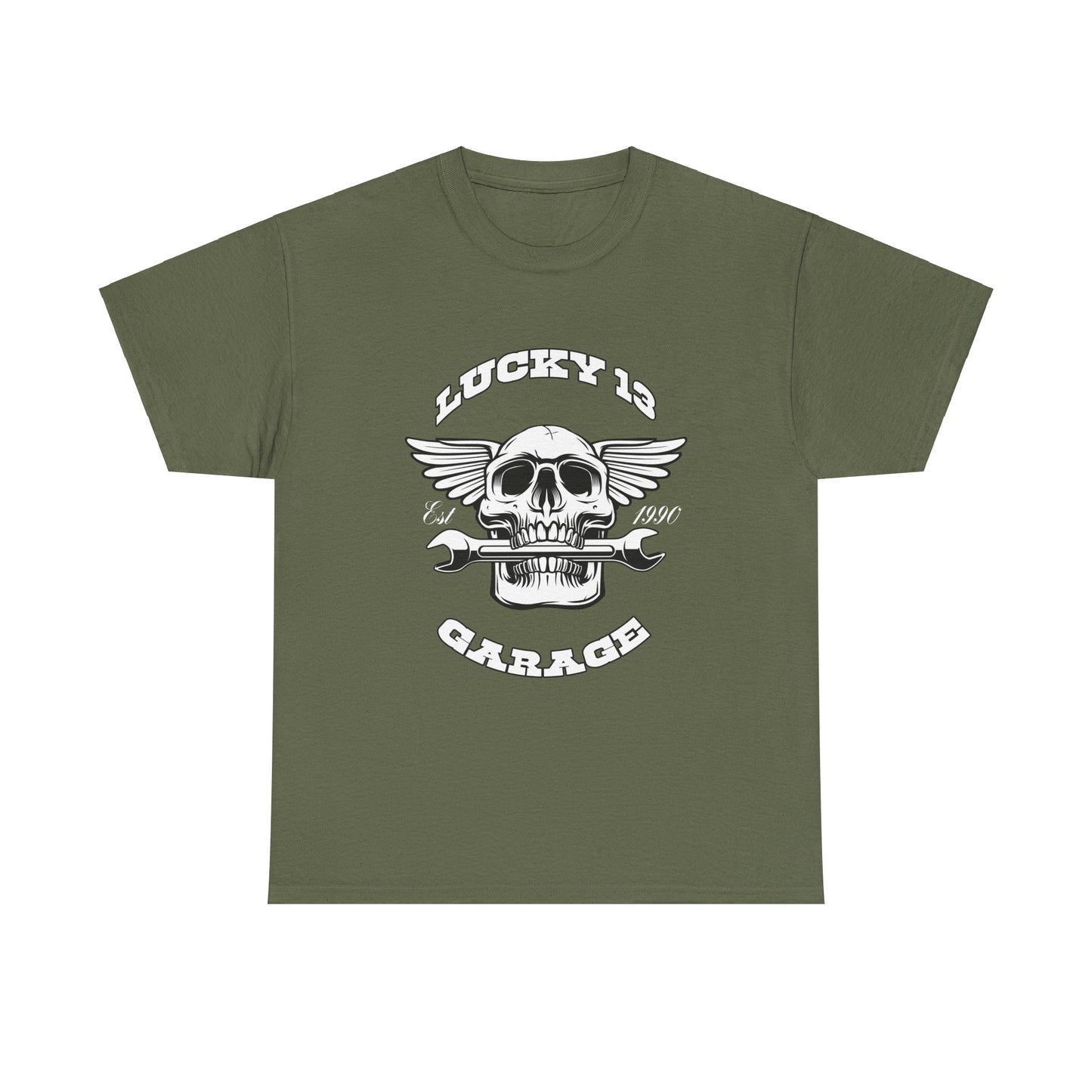 Lucky 13 Garage Graphic Tee | Gildan® 5000 Heavy Cotton™ - Edgy Style, Comfortable Fit for Bikers