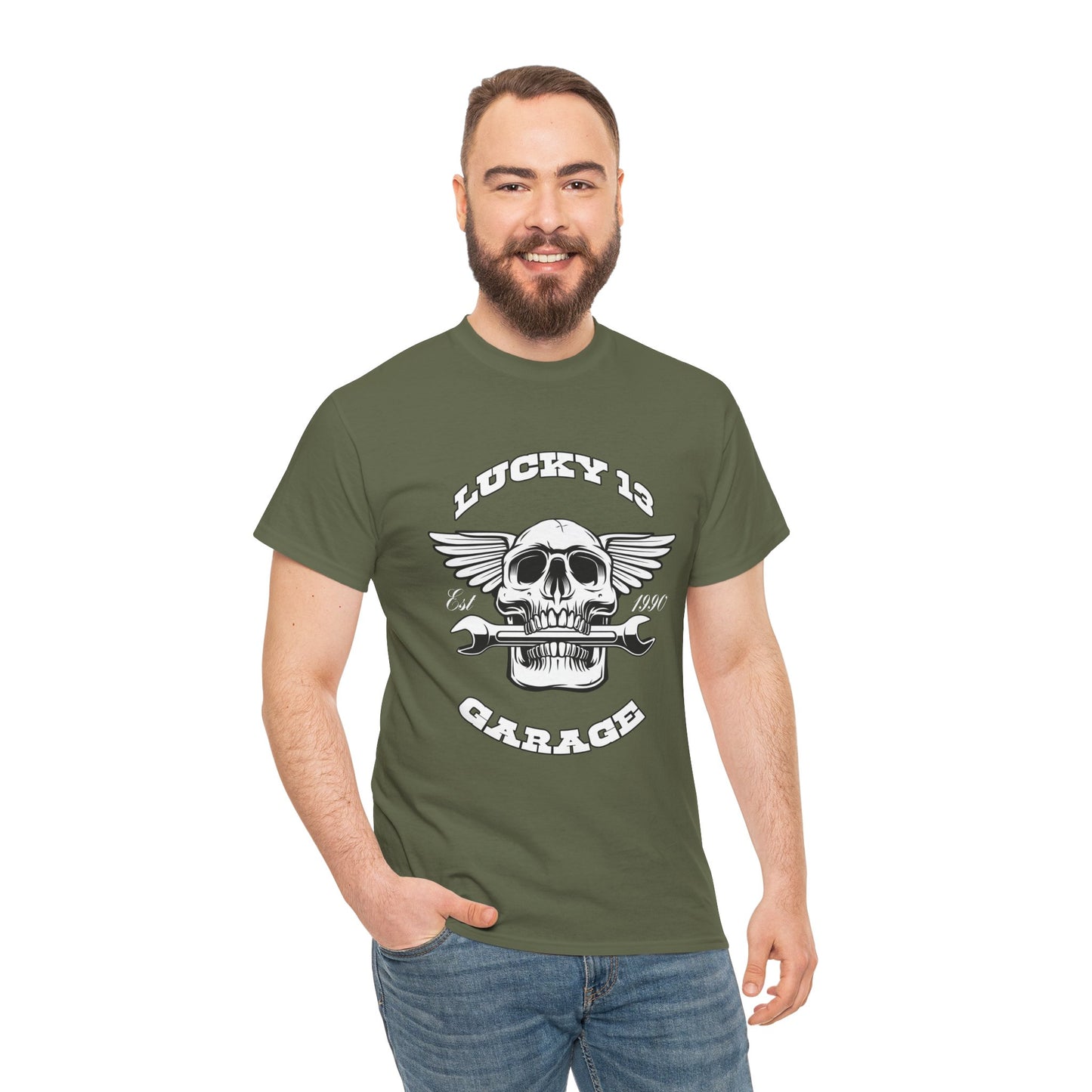 Lucky 13 Garage Graphic Tee | Gildan® 5000 Heavy Cotton™ - Edgy Style, Comfortable Fit for Bikers