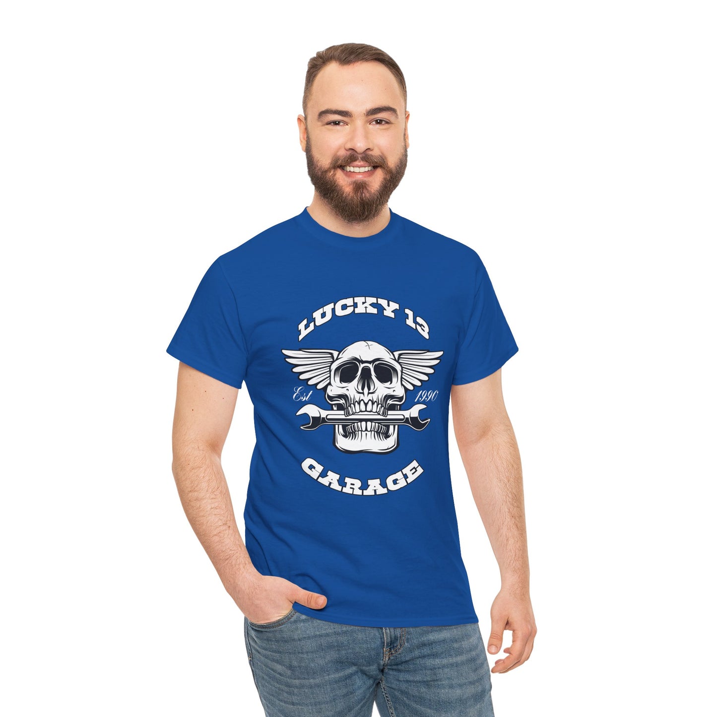 Lucky 13 Garage Graphic Tee | Gildan® 5000 Heavy Cotton™ - Edgy Style, Comfortable Fit for Bikers
