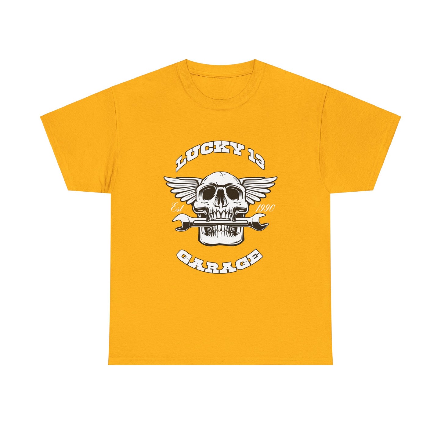 Lucky 13 Garage Graphic Tee | Gildan® 5000 Heavy Cotton™ - Edgy Style, Comfortable Fit for Bikers