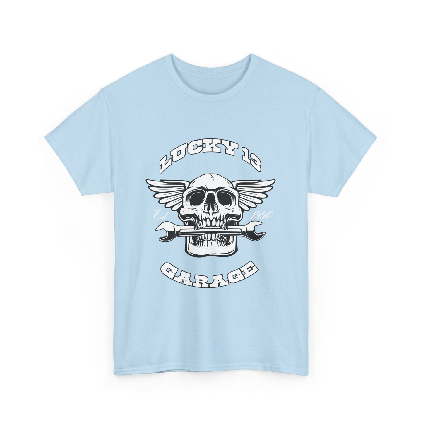 Lucky 13 Garage Graphic Tee | Gildan® 5000 Heavy Cotton™ - Edgy Style, Comfortable Fit for Bikers