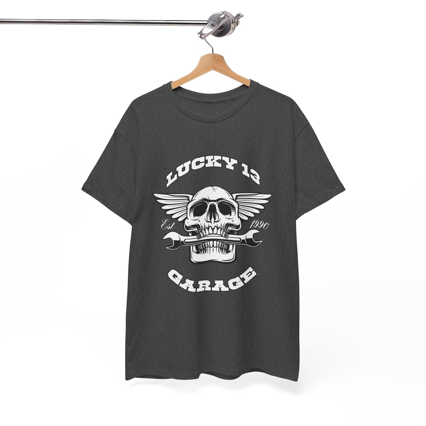 Lucky 13 Garage Graphic Tee | Gildan® 5000 Heavy Cotton™ - Edgy Style, Comfortable Fit for Bikers