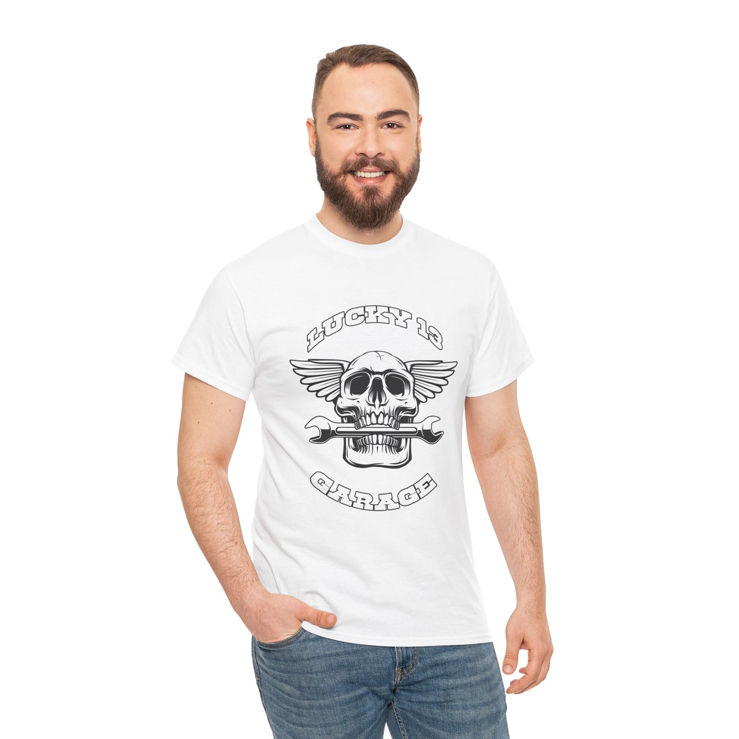 Lucky 13 Garage Graphic Tee | Gildan® 5000 Heavy Cotton™ - Edgy Style, Comfortable Fit for Bikers