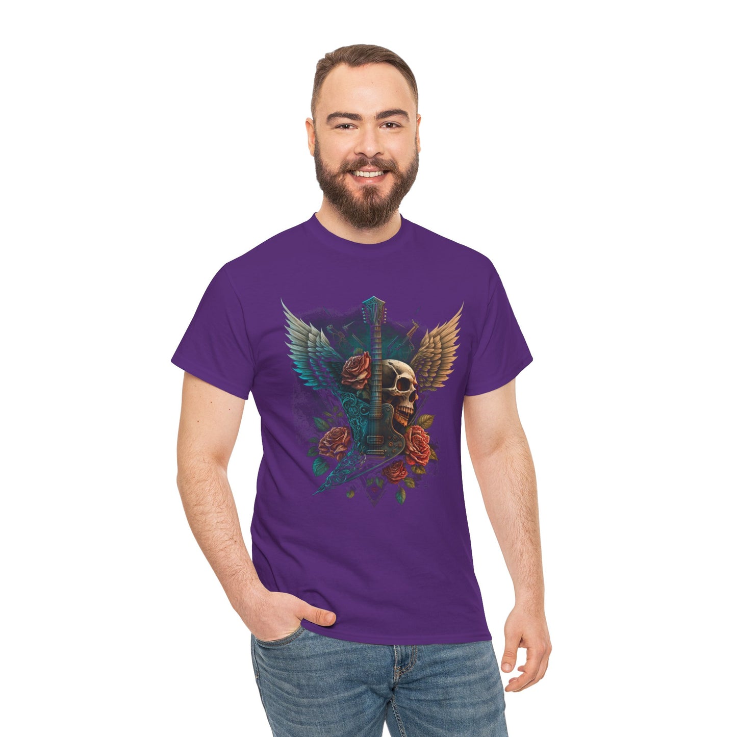 Classic Fit T-Shirt with Heavy Guitar Skull Design - Comfortable Midweight Fabric