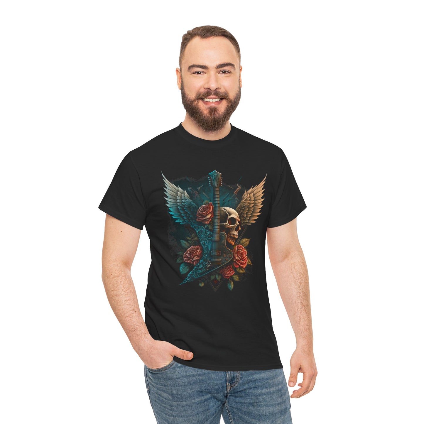 Classic Fit T-Shirt with Heavy Guitar Skull Design - Comfortable Midweight Fabric