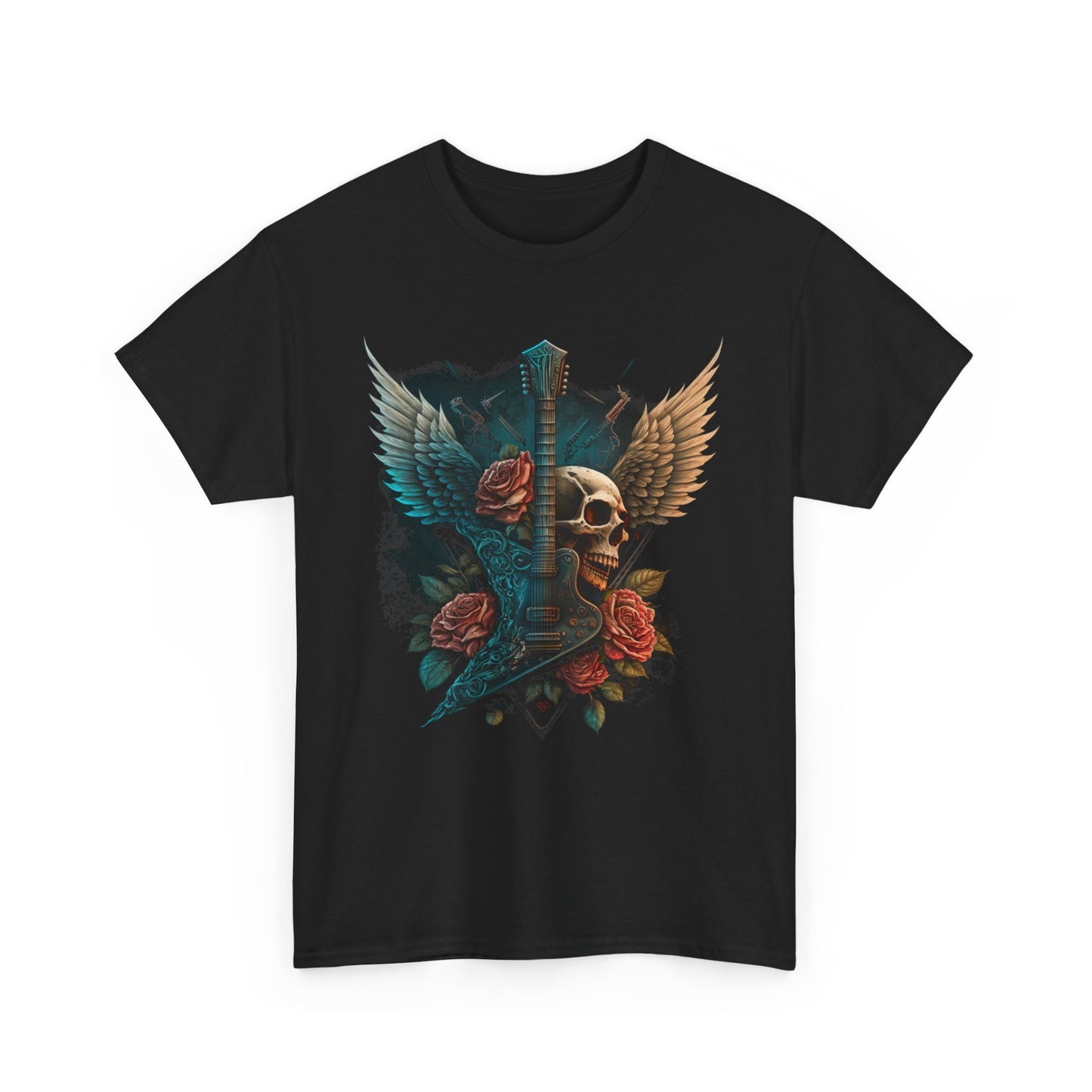 Classic Fit T-Shirt with Heavy Guitar Skull Design - Comfortable Midweight Fabric