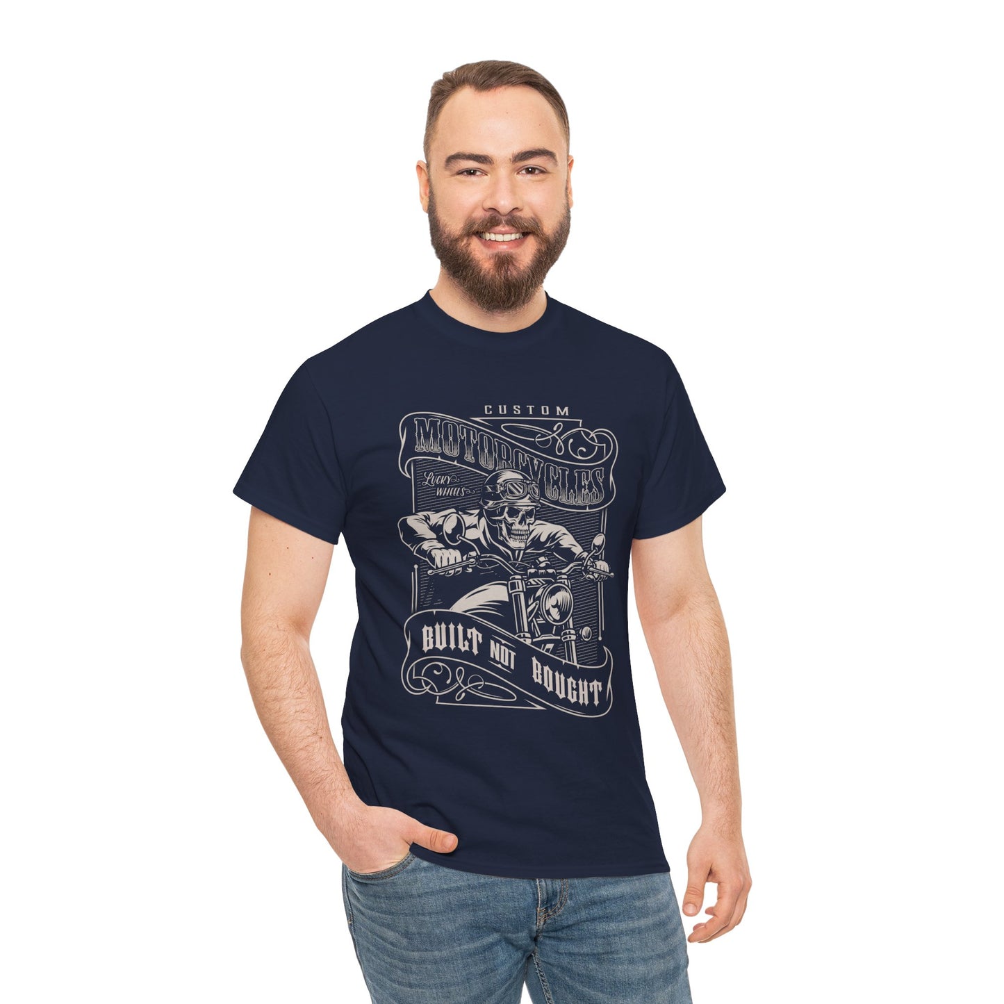 Built Not Bought: Stylish Biker Tee in Heavy Cotton - Classic Fit with a Rib Collar for Added Comfort