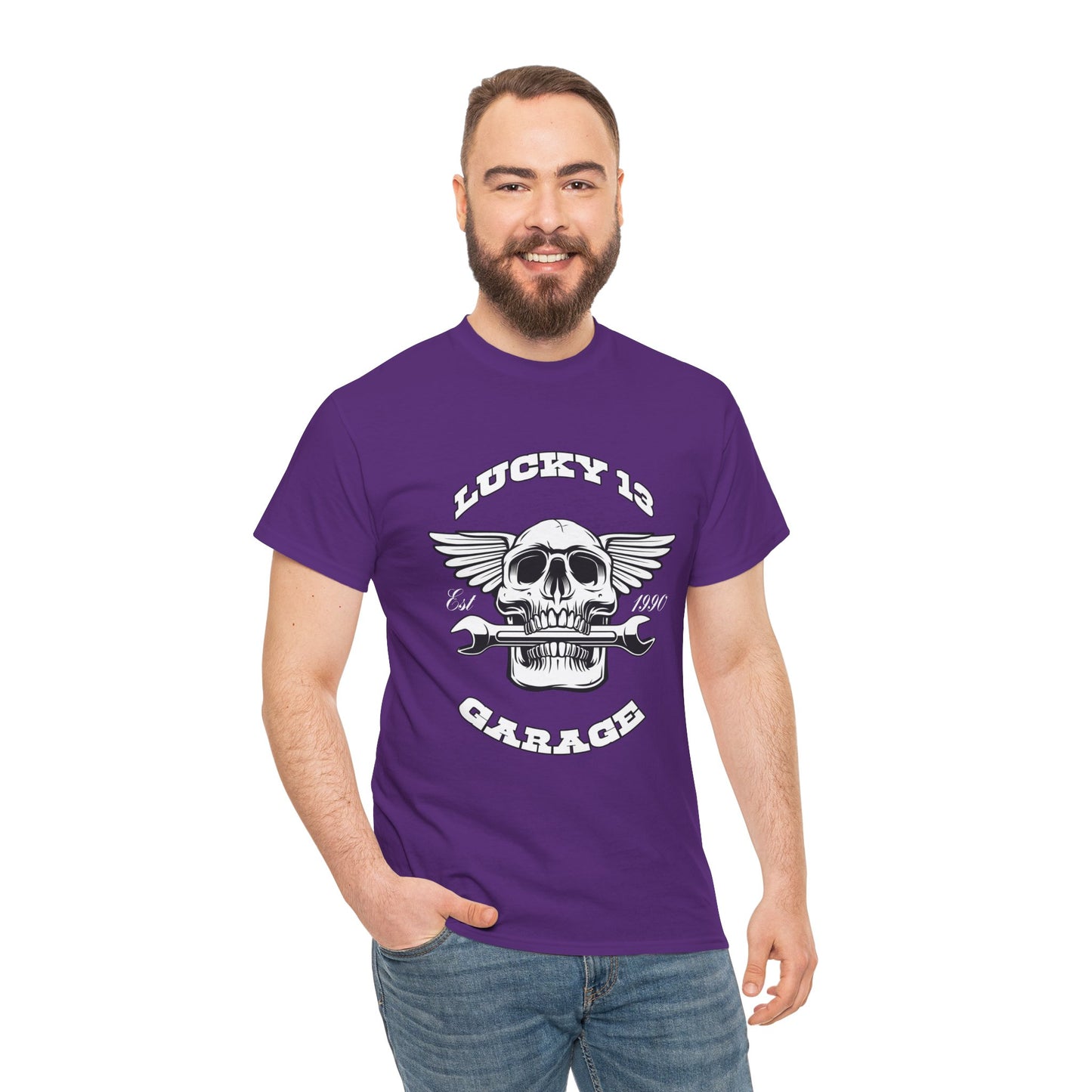 Lucky 13 Garage Graphic Tee | Gildan® 5000 Heavy Cotton™ - Edgy Style, Comfortable Fit for Bikers