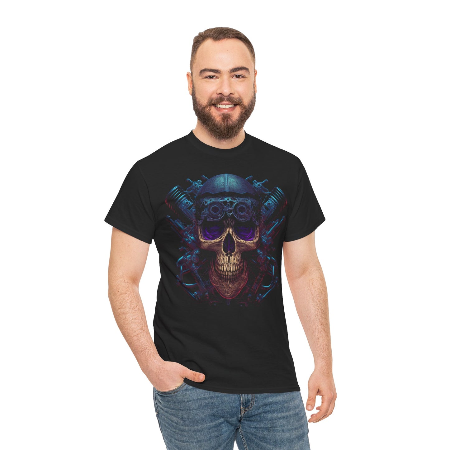 Classic Ribbed Collar Skull V-Twin Engine Biker Art Tee