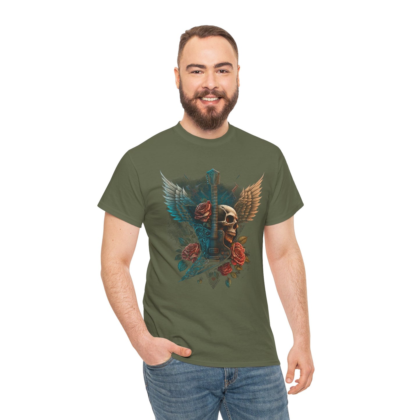 Classic Fit T-Shirt with Heavy Guitar Skull Design - Comfortable Midweight Fabric