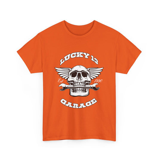 Lucky 13 Garage Graphic Tee | Gildan® 5000 Heavy Cotton™ - Edgy Style, Comfortable Fit for Bikers