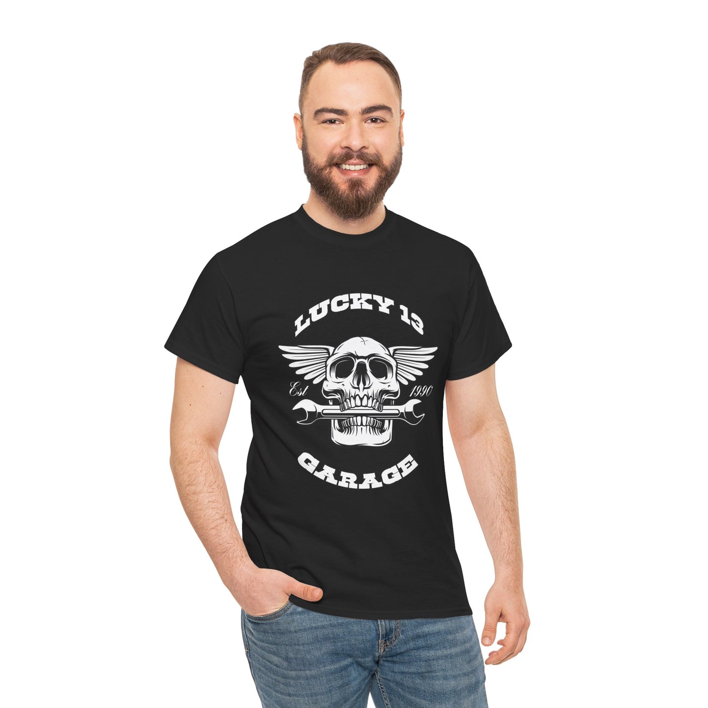 Lucky 13 Garage Graphic Tee | Gildan® 5000 Heavy Cotton™ - Edgy Style, Comfortable Fit for Bikers