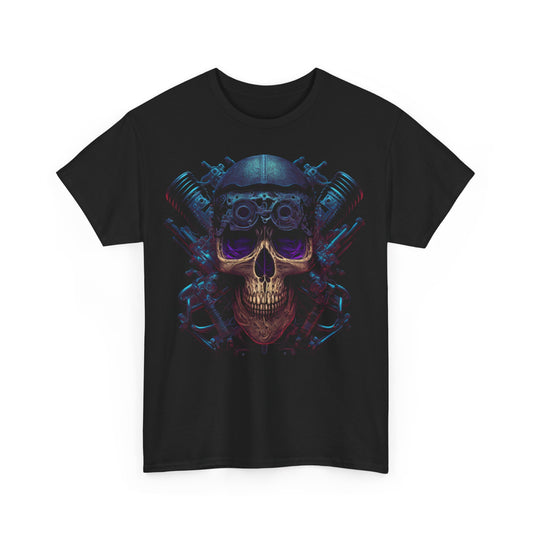 Classic Ribbed Collar Skull V-Twin Engine Biker Art Tee